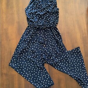 London Times Navy and White Polka Dot Jumpsuit